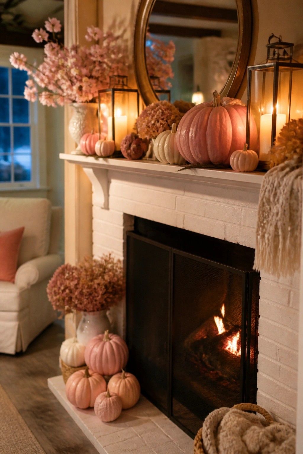 White brick fireplace mantel with pink pumpkins, lit lanterns, and pink florals