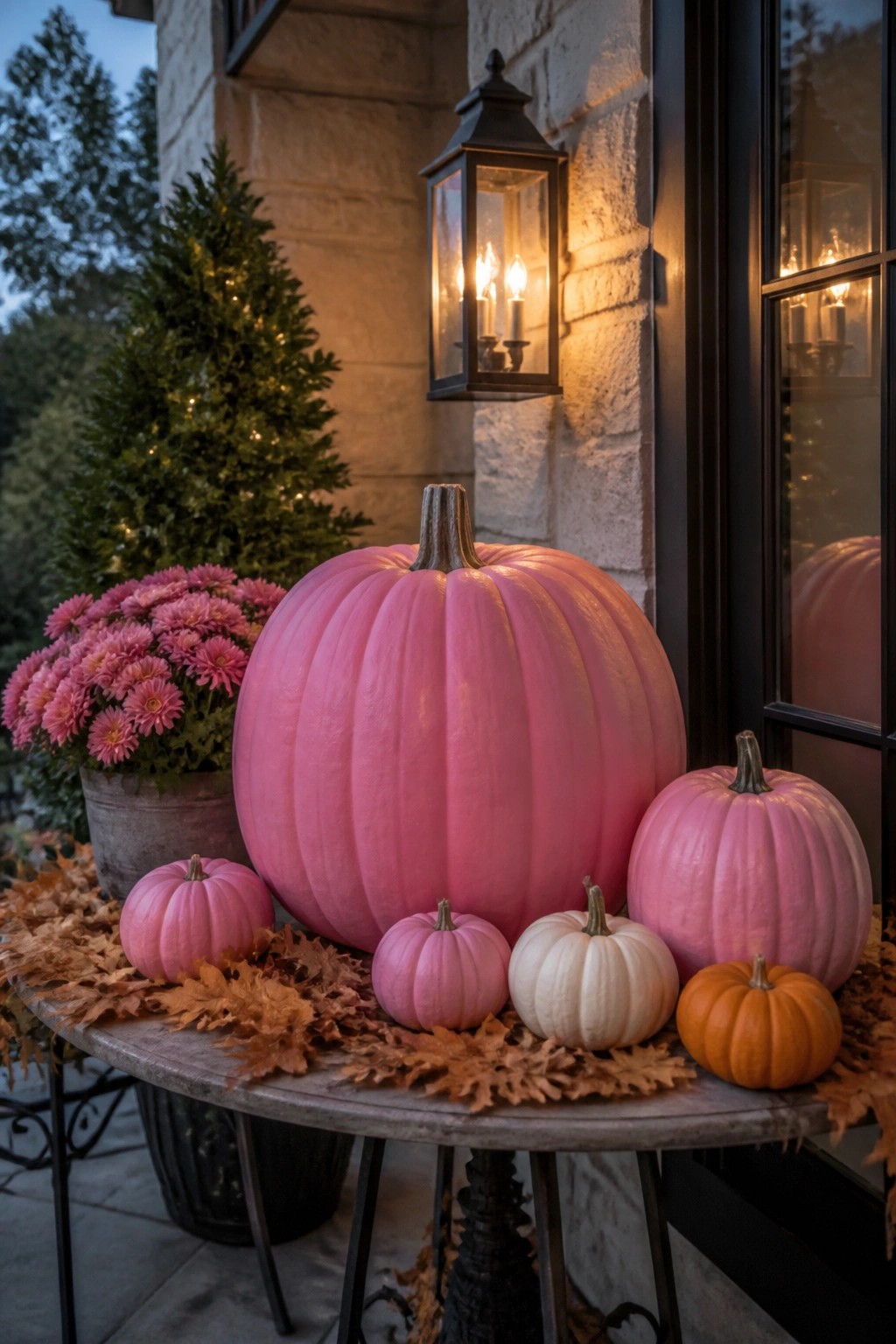 Large pink pumpkin with smaller pink, white, and orange ones amid autumn leaves on table