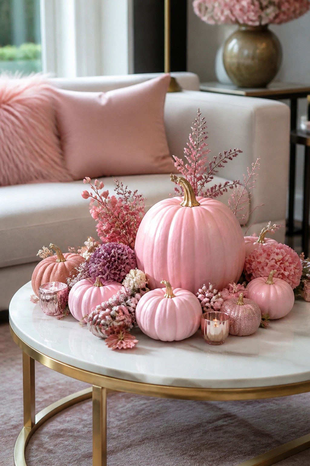Coffee table arranged with multiple pink pumpkins of varying sizes, gold stems, pink dried flowers, and small glass candle holders.