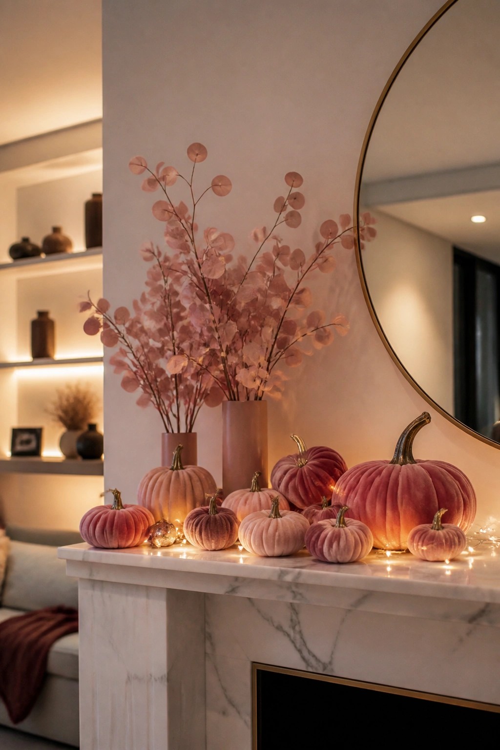 Pink velvet pumpkins with dried pink foliage on marble mantel beside round mirror.