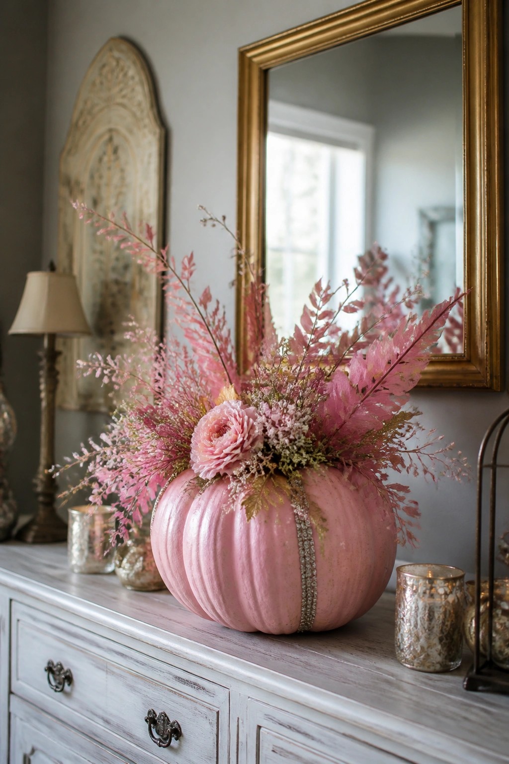 A large pink painted pumpkin with a glitter band and pink floral arrangement sits on a white distressed console table beside mercury glass votives.