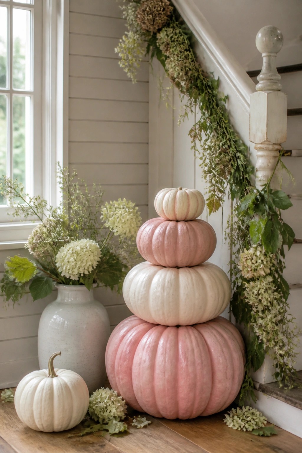 A tall stack of pink and white pumpkins sits on a wood floor at the base of a white staircase.