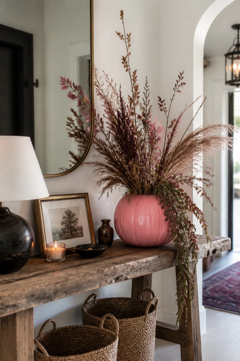 Pink pumpkin used as a vase holding tall dried branches and flowers on a wooden console table in an entryway.