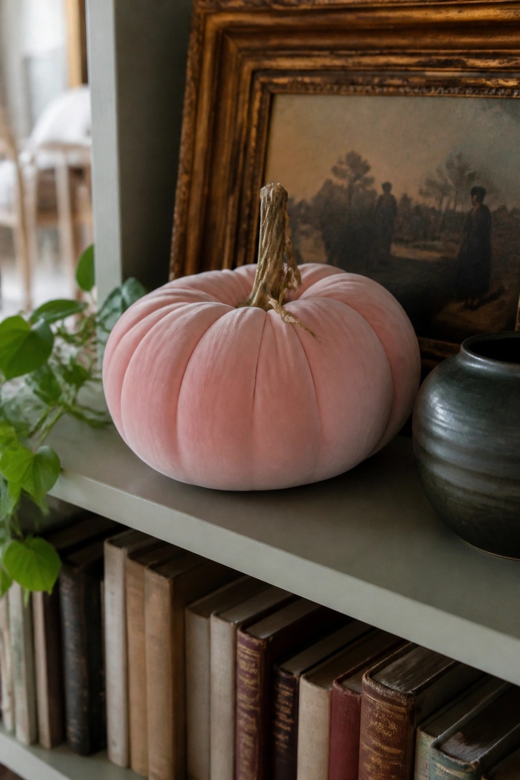 Pink velvet pumpkin on shelf above old books beside dark vase and framed painting
