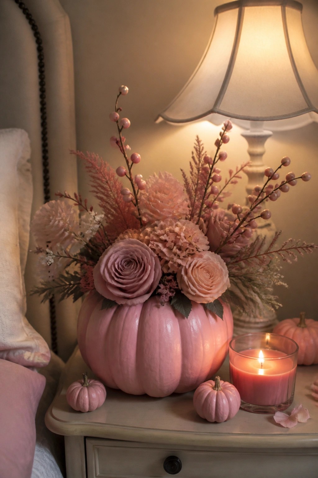 A large pink pumpkin used as a vase holds pink flowers and berries on a bedroom nightstand next to a lit candle and two small pink pumpkins.