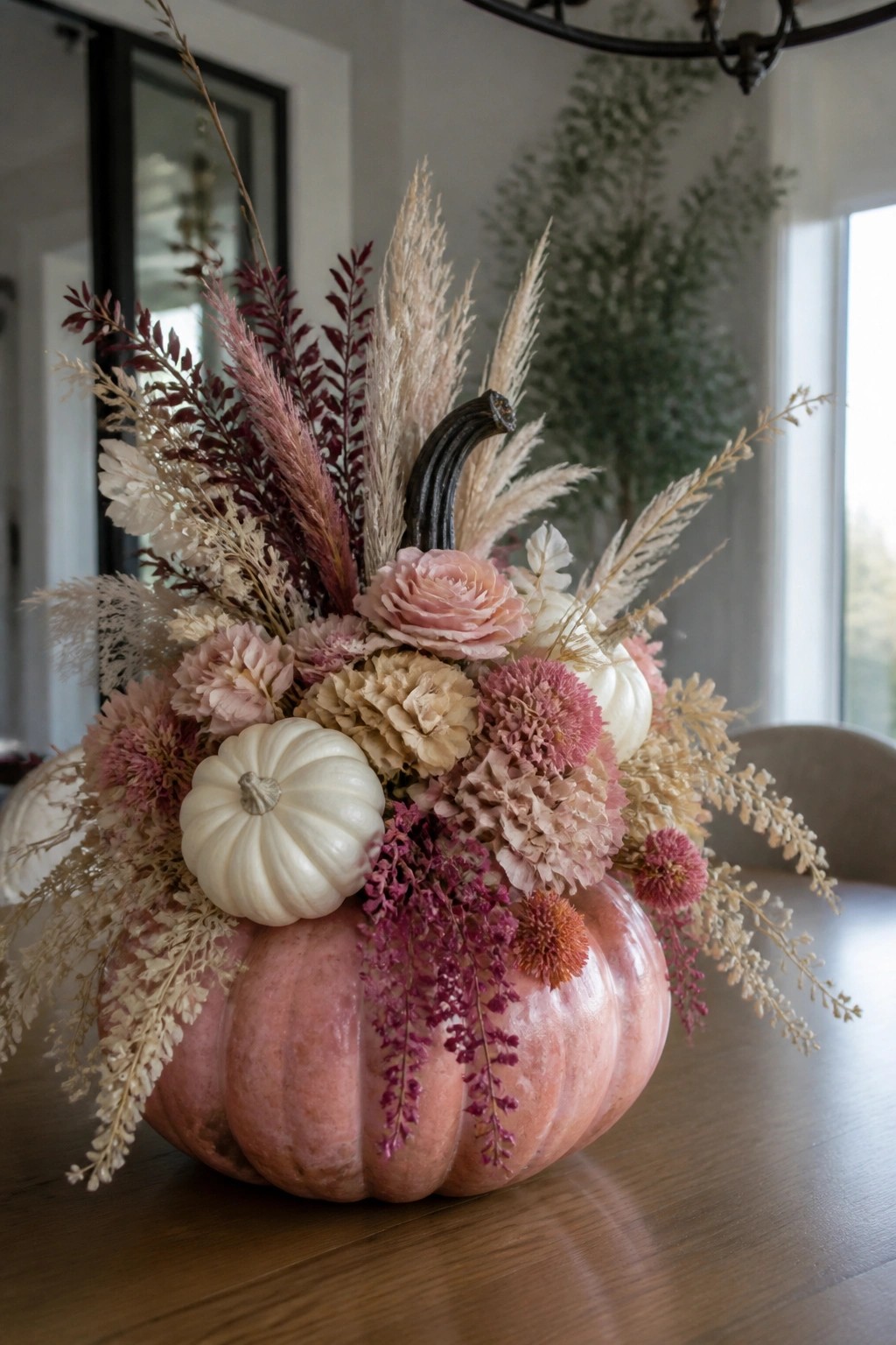 Pink pumpkin filled with dried grasses and pink flowers as a centerpiece on a wooden dining table.