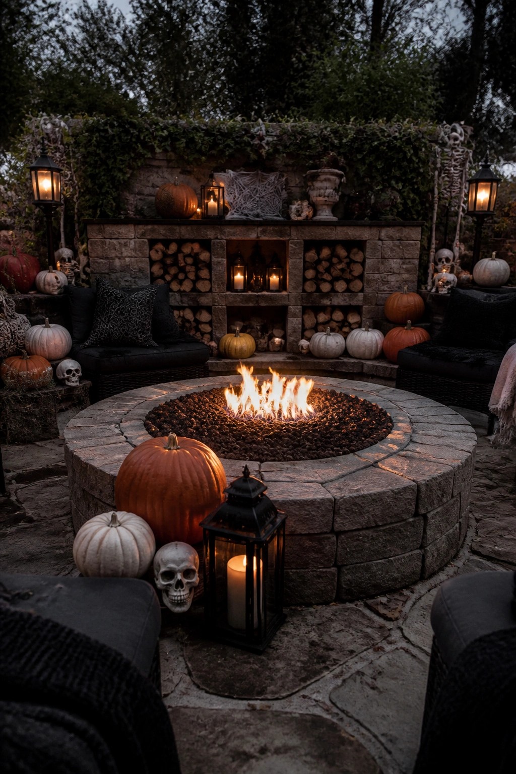 Outdoor fire pit area decorated with skeletons, skulls, pumpkins, and spiderwebs around a stone fireplace at dusk.