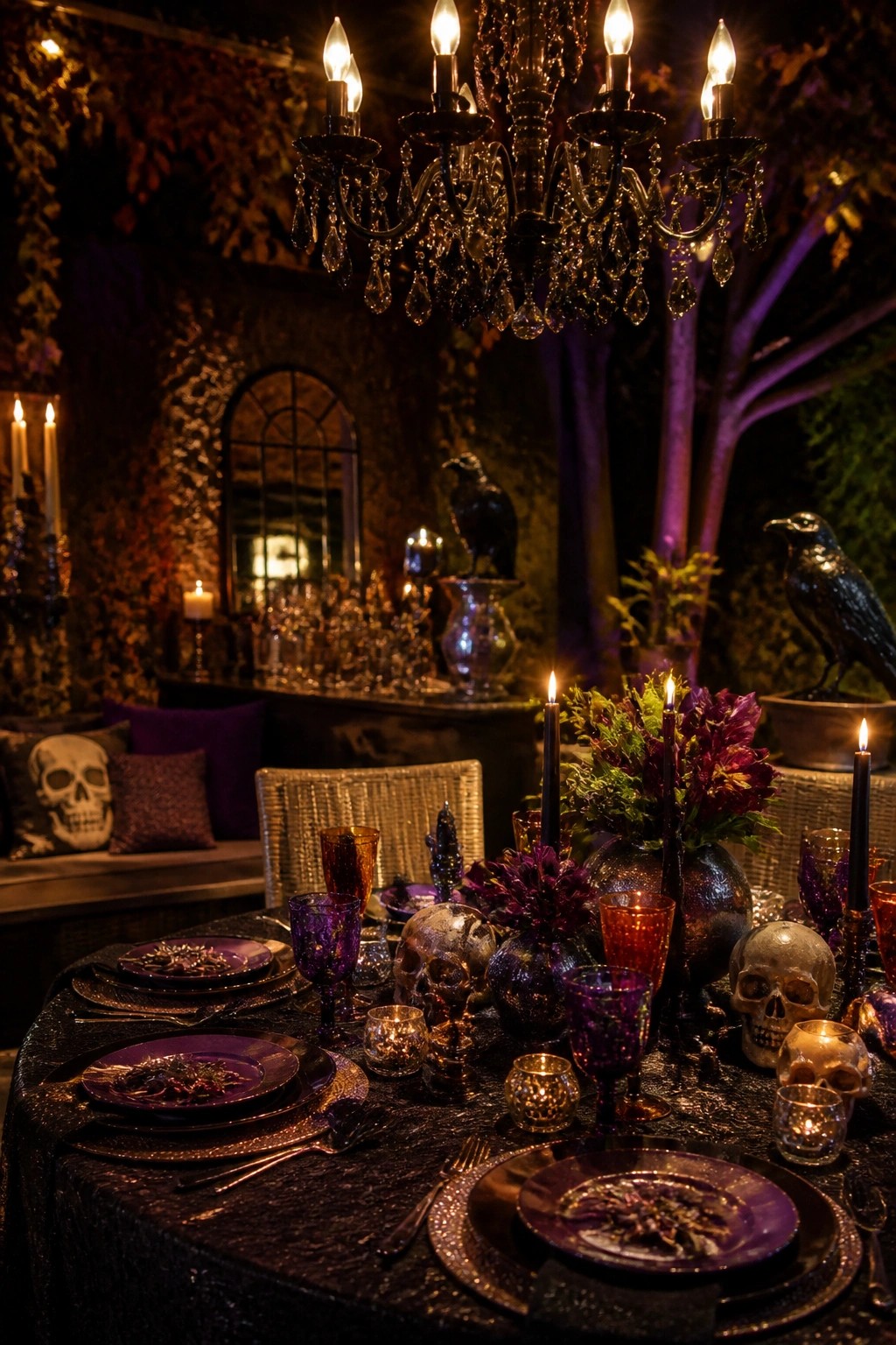 Outdoor dining table set for Halloween with skulls, black candles, purple plates, and dark floral arrangements under a chandelier.