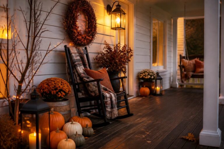 19 Standout Outdoor Halloween Inspirations to Impress All Season Autumn porch steps with pumpkins, glowing lanterns, candles, and orange mums by black door