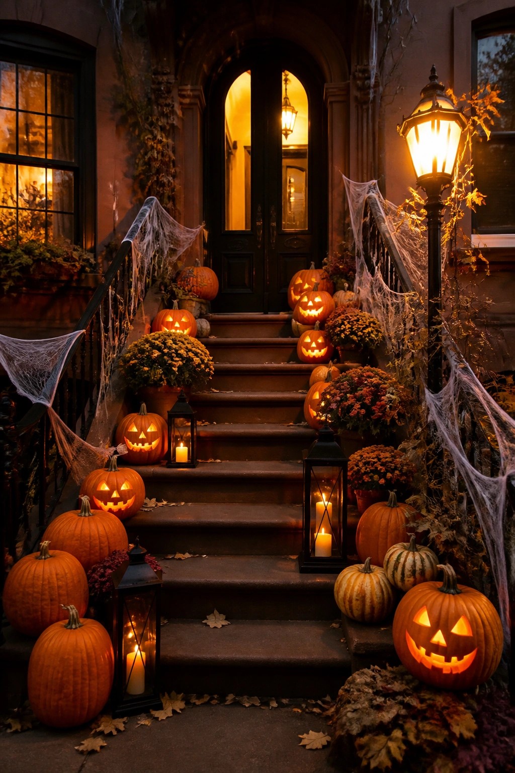 Stone staircase leading to a dark front door, lined with carved jack-o-lanterns of different sizes, black lanterns, and spiderwebs on the railings.