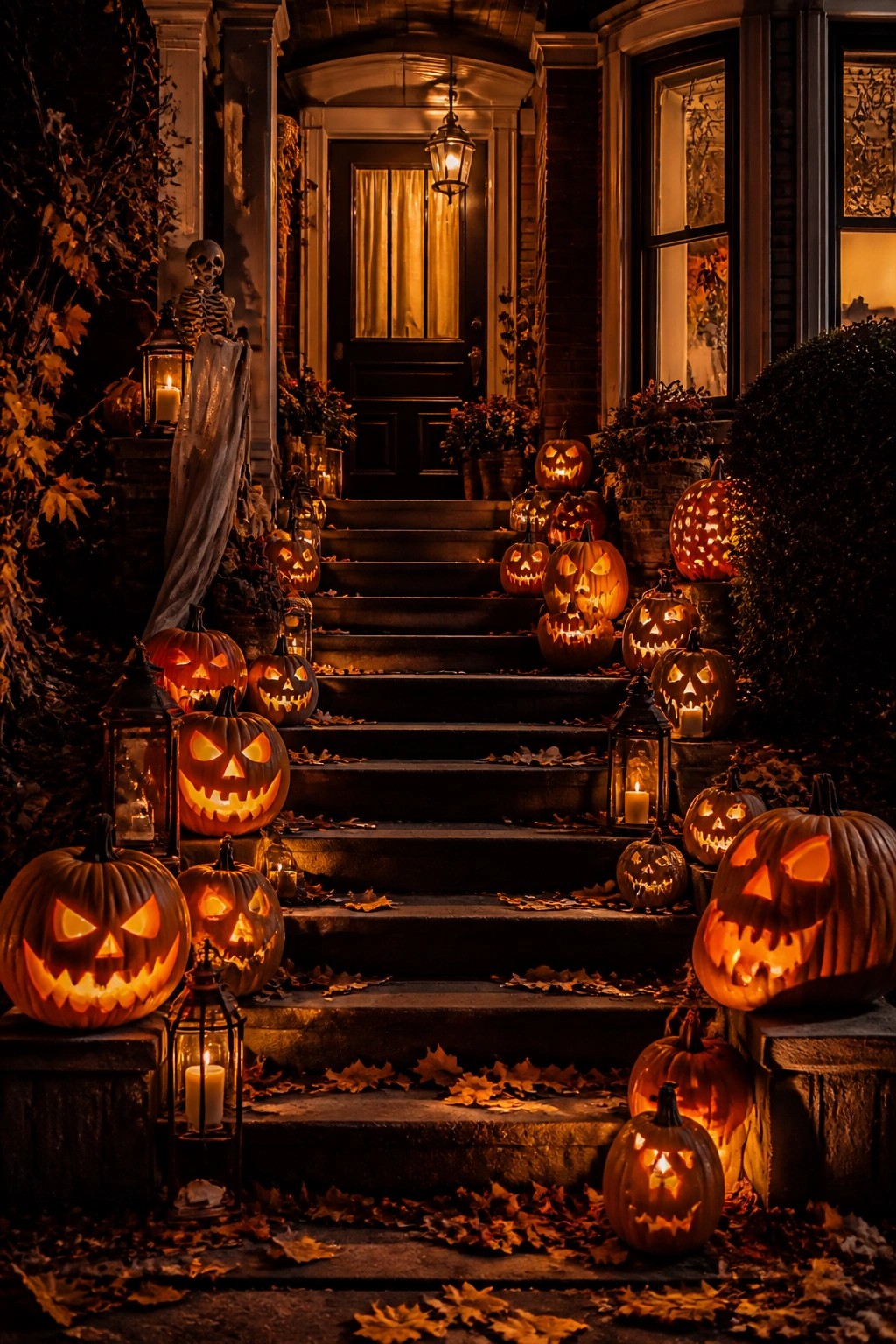 Front porch and staircase lined with carved jack-o'-lanterns, lanterns, and a skeleton decoration at night.