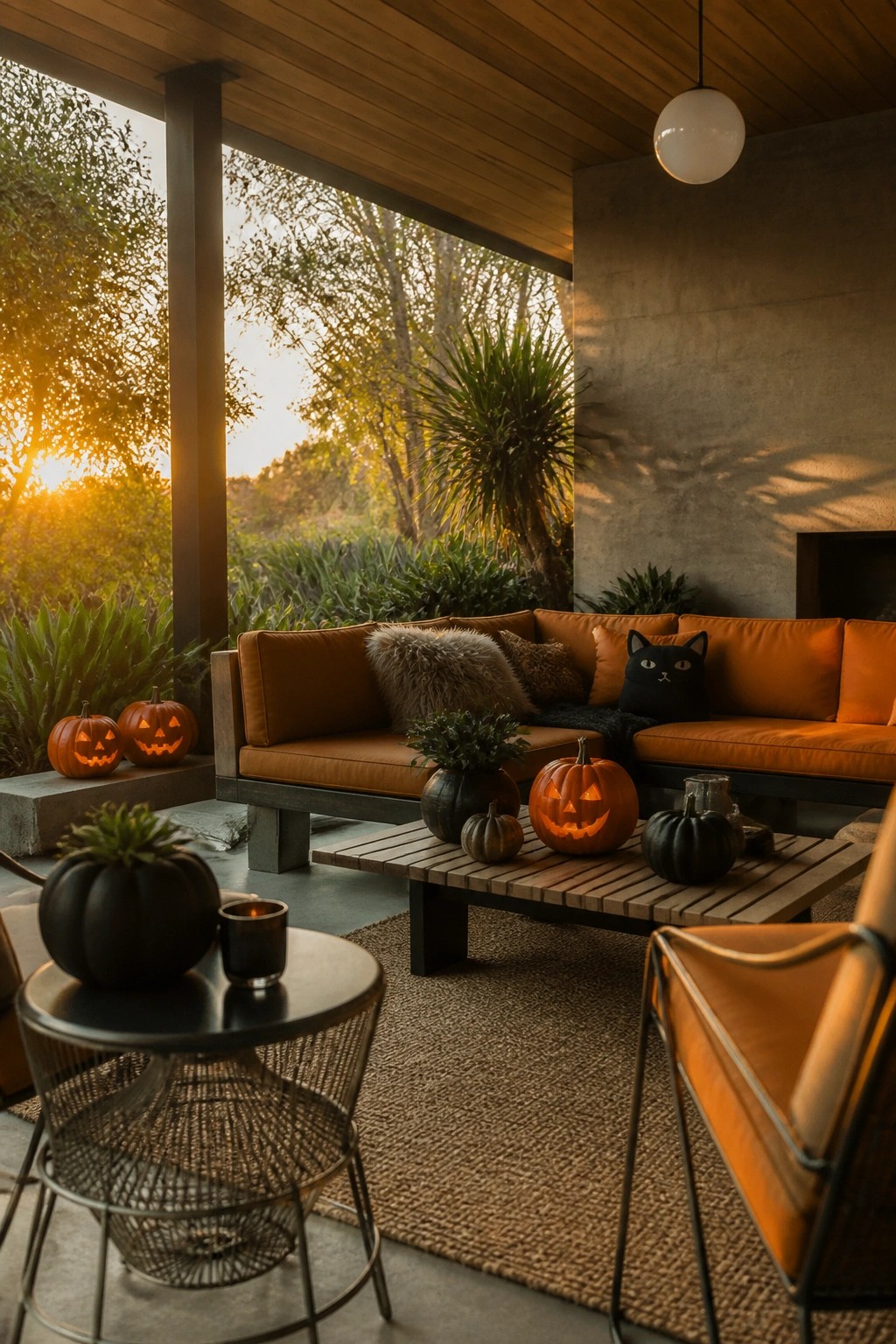 Outdoor patio with orange sectional sofa, wooden coffee table, and multiple lit jack o lanterns arranged on the table and surrounding surfaces.