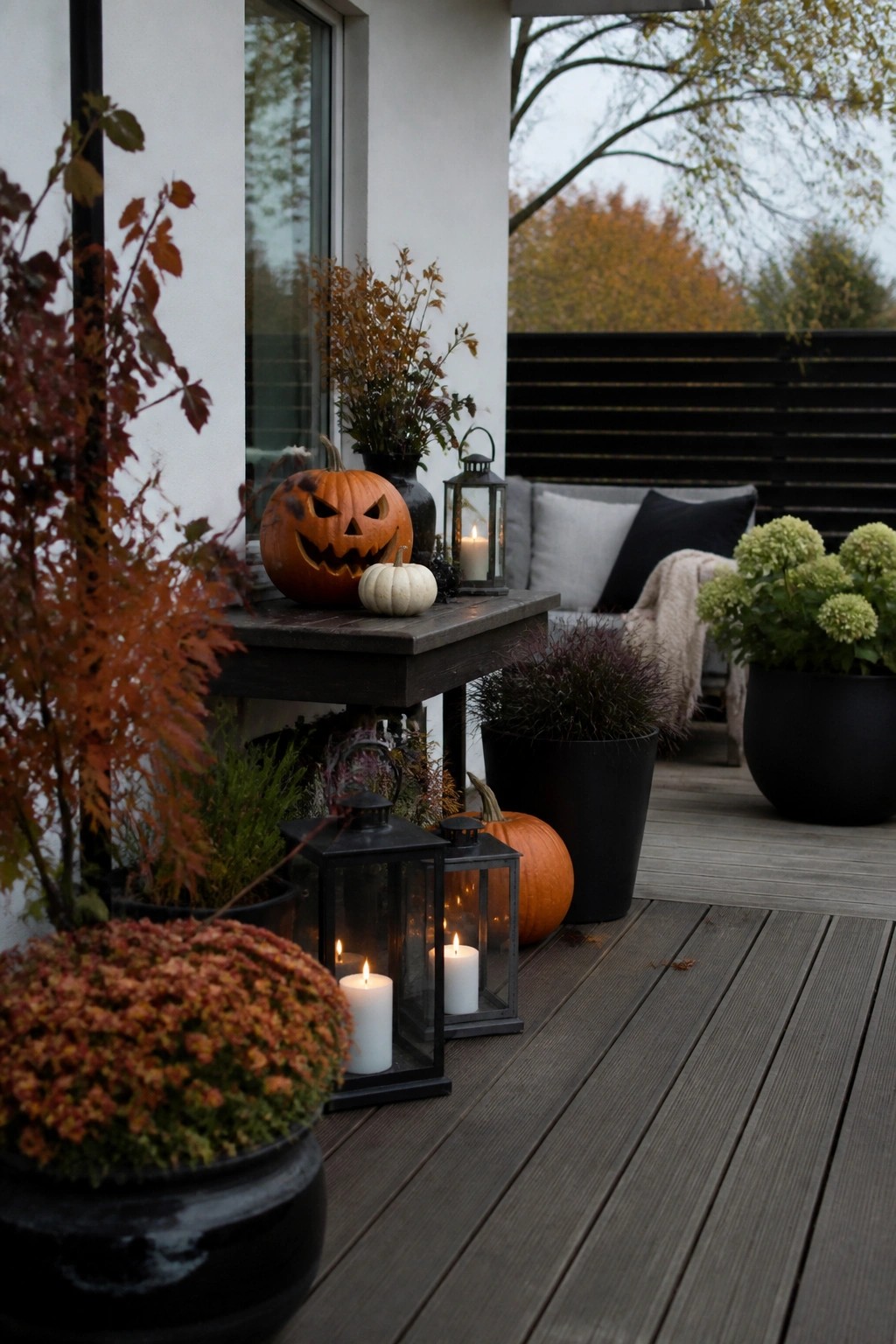 Outdoor patio table with carved jack-o'-lanterns, small white pumpkin, and black lanterns holding lit candles on a wooden deck.