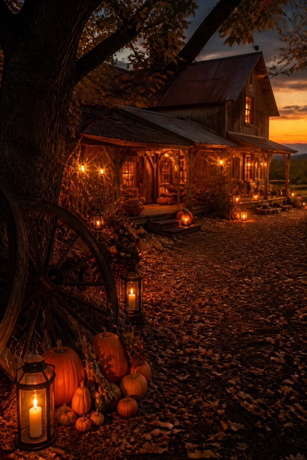 Rustic wooden house porch at dusk with lit lanterns and orange pumpkins clustered on the ground and steps.