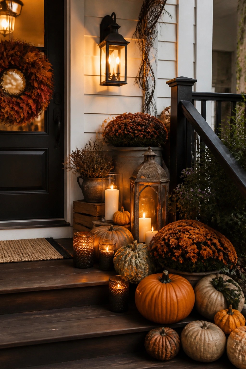 Autumn porch steps with pumpkins, glowing lanterns, candles, and orange mums by black door