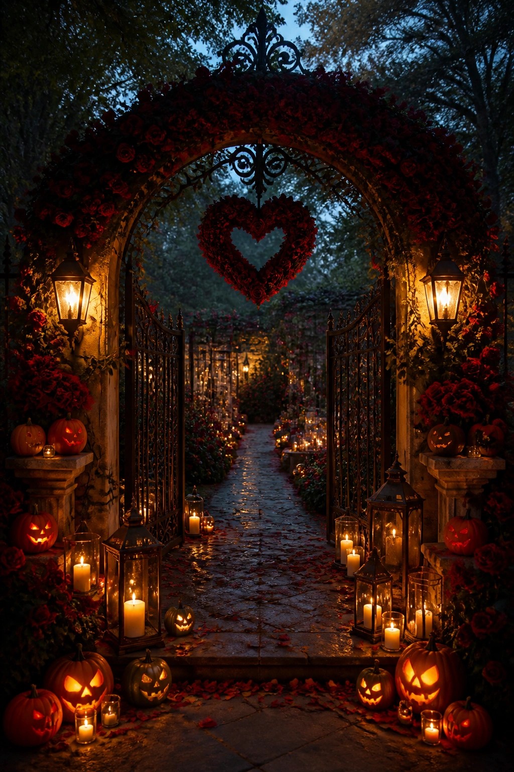 Ornate garden arch covered in red roses with a heart wreath, open iron gates, and dozens of lit jack-o'-lanterns and lanterns lining a stone path at dusk.