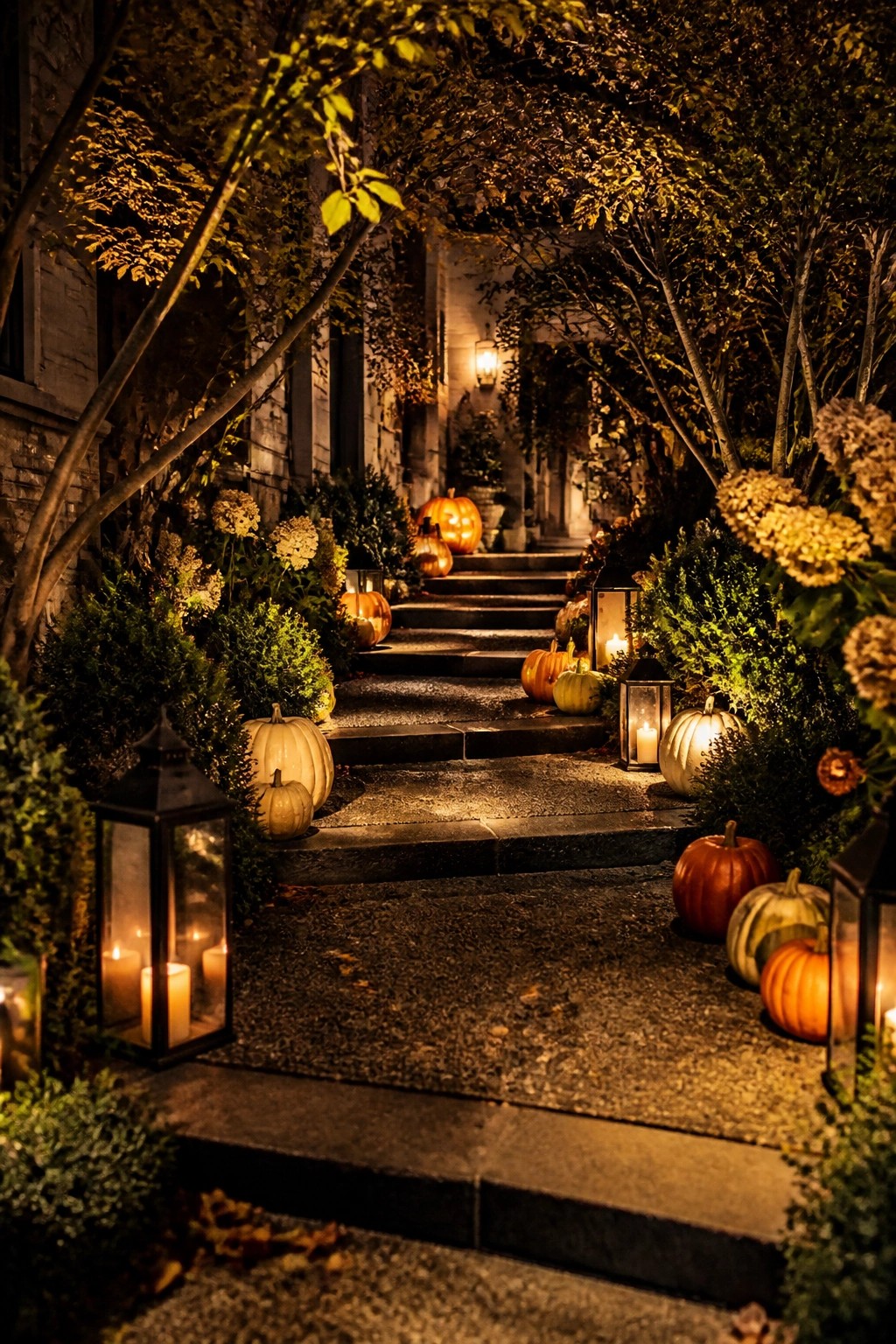 Lantern-lit stone steps lined with pumpkins and autumn foliage at night.