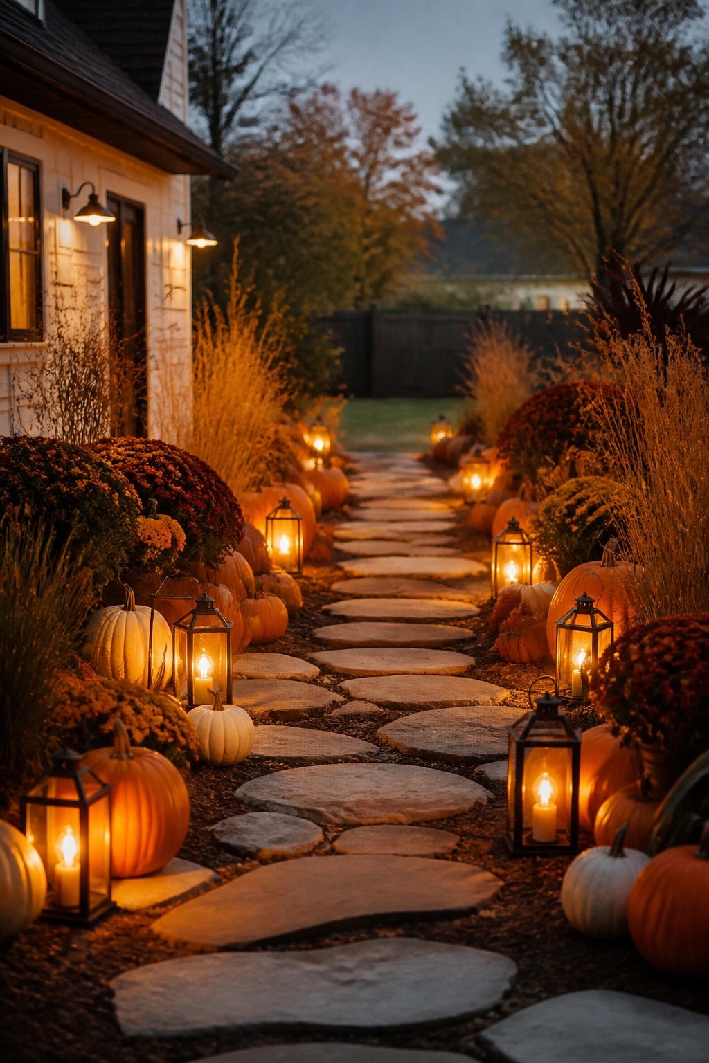 Stone walkway lined with glowing lanterns and pumpkins on both sides at dusk.