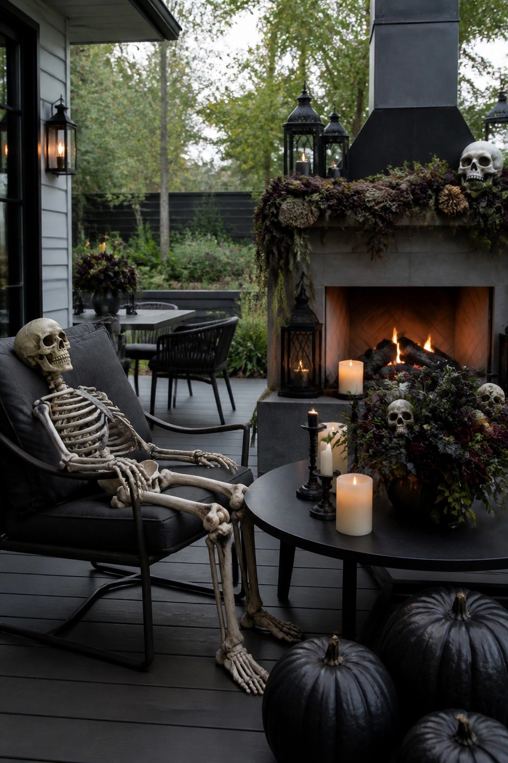 Skeleton lounging in black chair on porch with fireplace, candles, skulls, and black pumpkins.