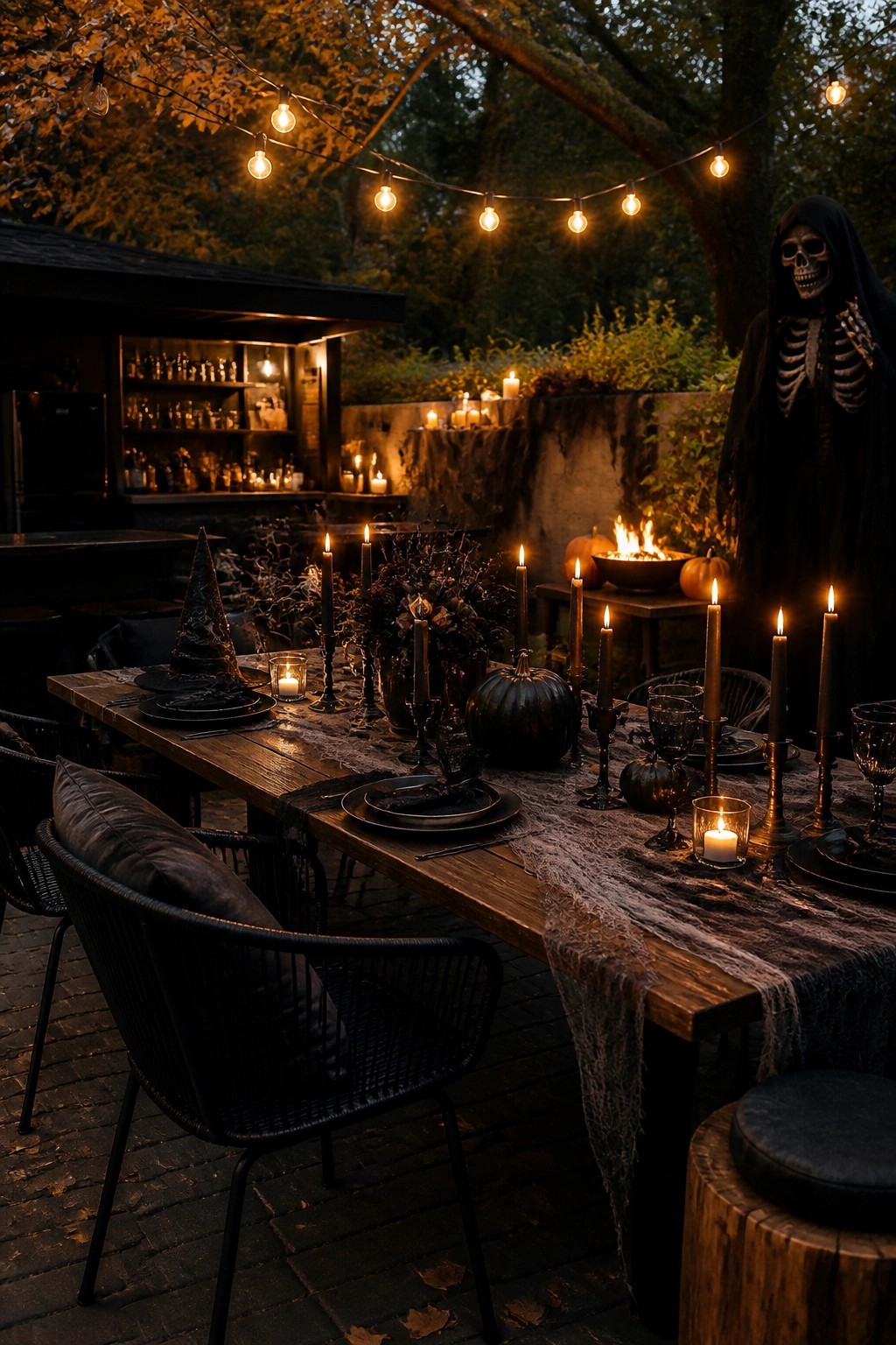 Outdoor patio dining table decorated for Halloween with a large cloaked skeleton standing at the end, black plates, candles, pumpkins, and cobweb runner under string lights.