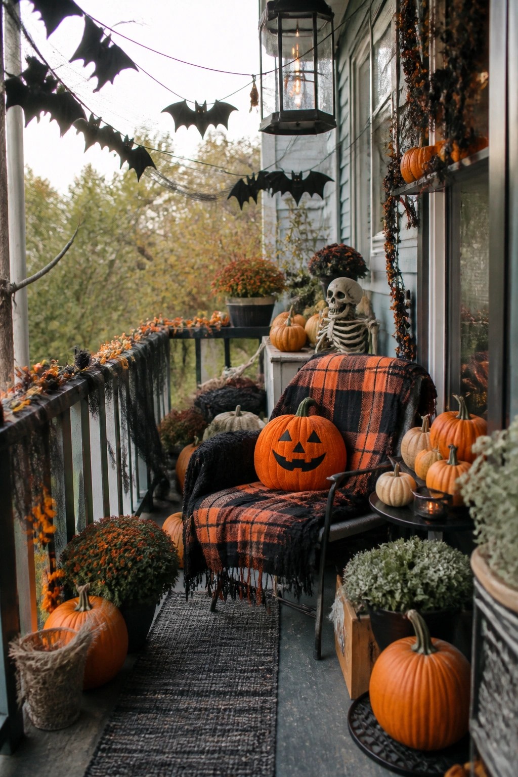 Front porch featuring a skeleton seated in a chair with an orange and black plaid blanket, surrounded by carved pumpkins and hanging bats.