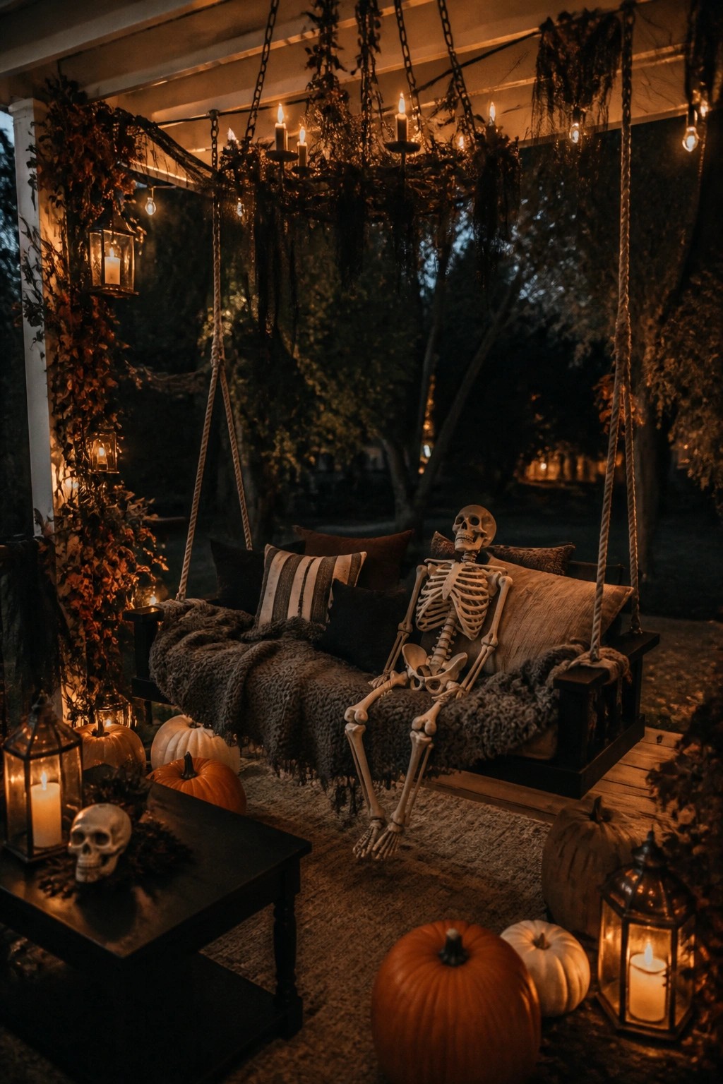 A skeleton seated on a wooden porch swing surrounded by pumpkins, lanterns, and pillows on an outdoor deck.