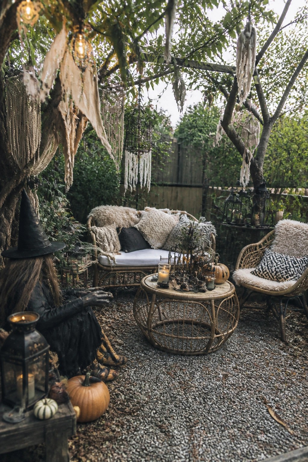 Backyard patio with a seated witch figure in dark clothing and a pointed hat, surrounded by pumpkins, lit lanterns, and hanging fabric decorations near wicker furniture.