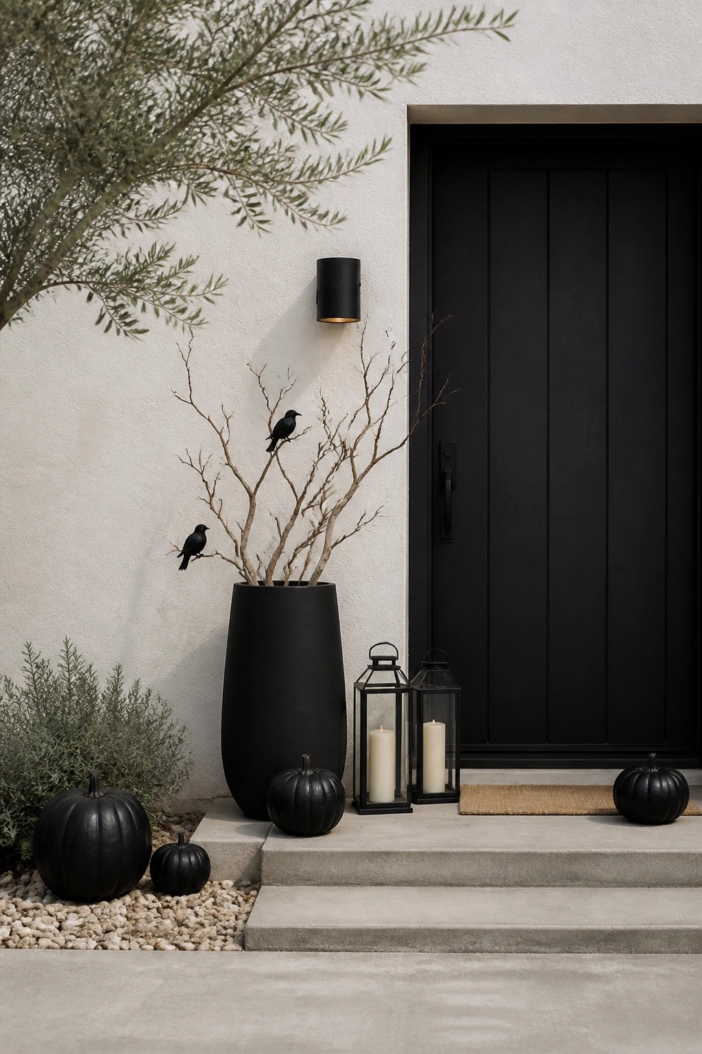 Modern black door with vase of branches and crows, black pumpkins, and lanterns on steps.