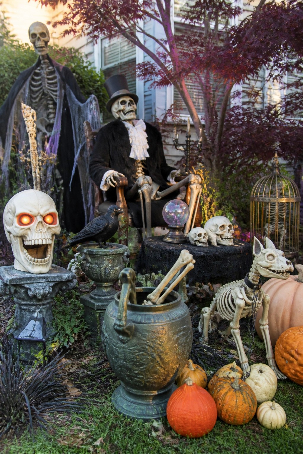 Spooky Halloween yard with skeletons in top hat and cloak, glowing skull, crow, and pumpkins.