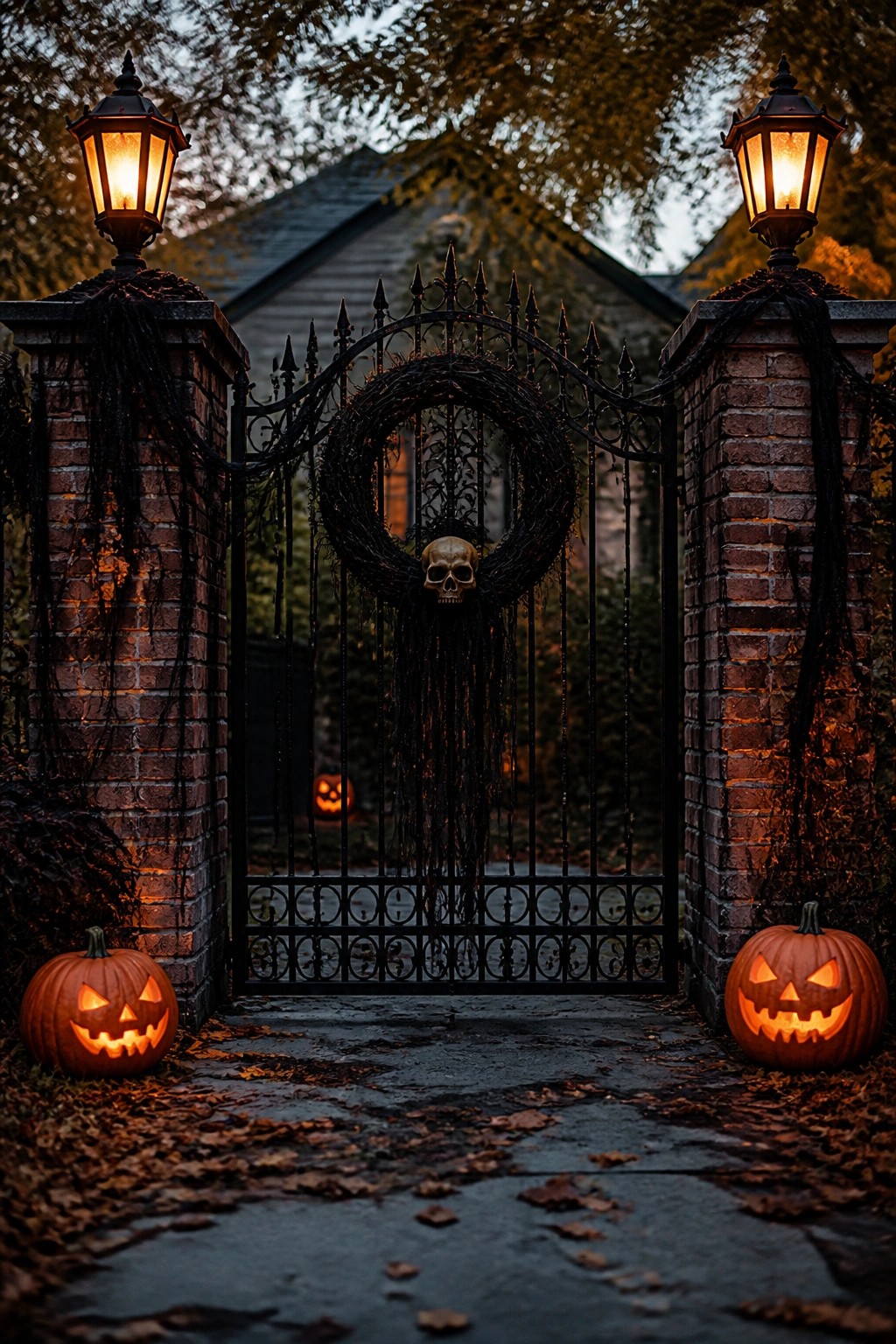Black iron gate with a dark wreath holding a skull, brick pillars topped with lanterns, and carved jack o lanterns at the base.