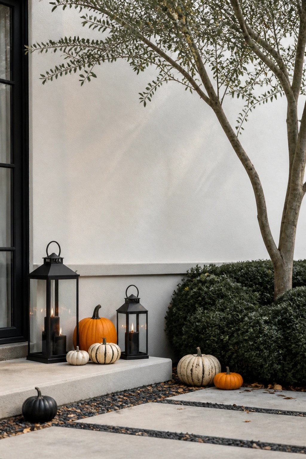 Outdoor house steps decorated with black metal lanterns holding lit candles and a mix of orange, white, striped, and black pumpkins.