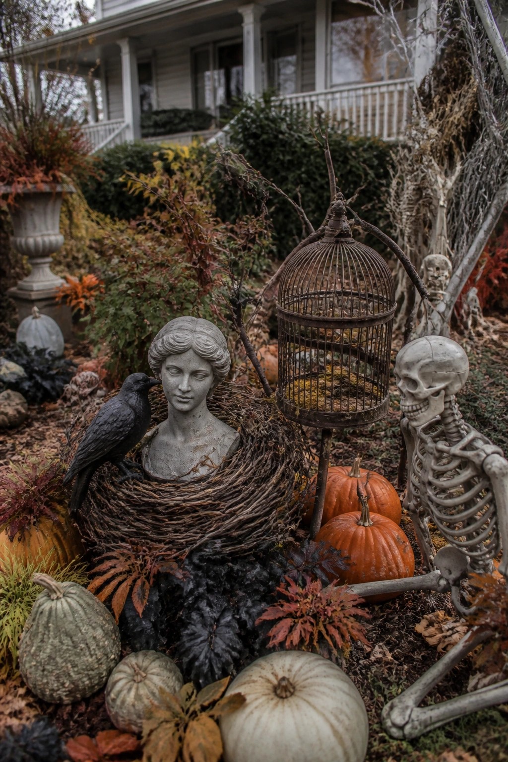 Stone bust in nest with crow, skeleton, pumpkins, and rusty birdcage amid autumn foliage