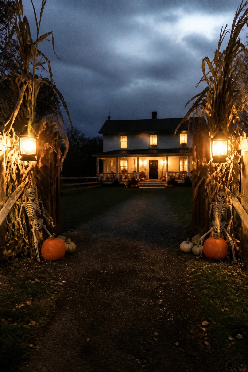 Gravel path at dusk lined with corn stalks, skeletons, pumpkins, and lanterns on wooden posts leading toward a white farmhouse.