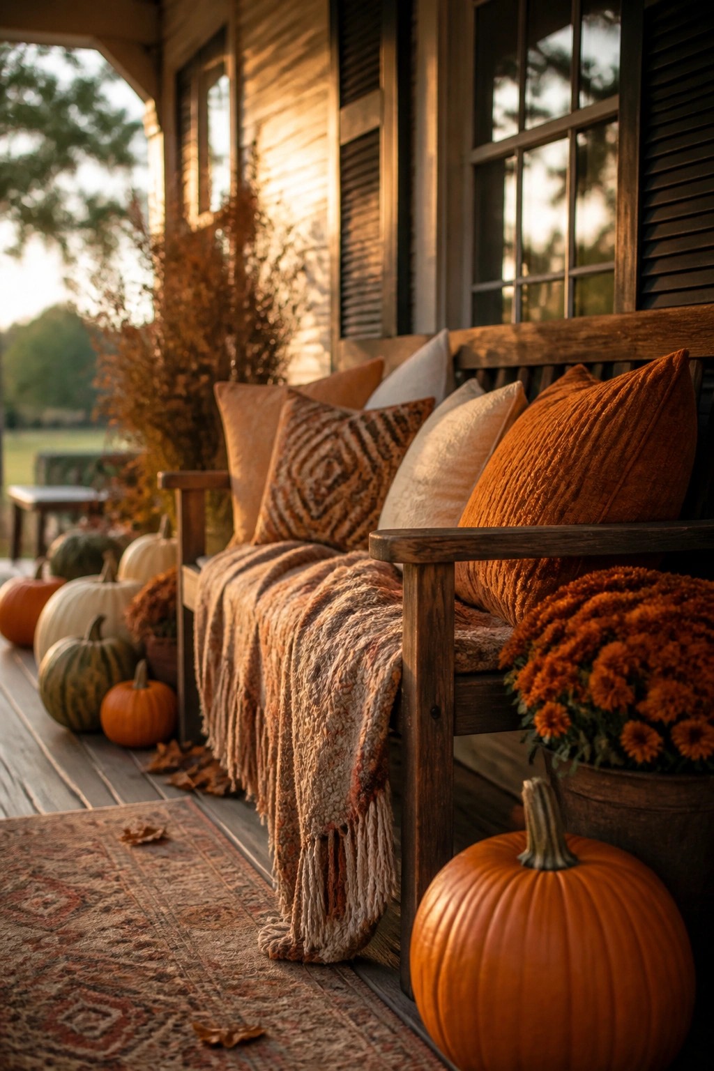 Wooden porch bench with pillows and a fringed throw, surrounded by orange, white, and green pumpkins plus pots of orange mums.