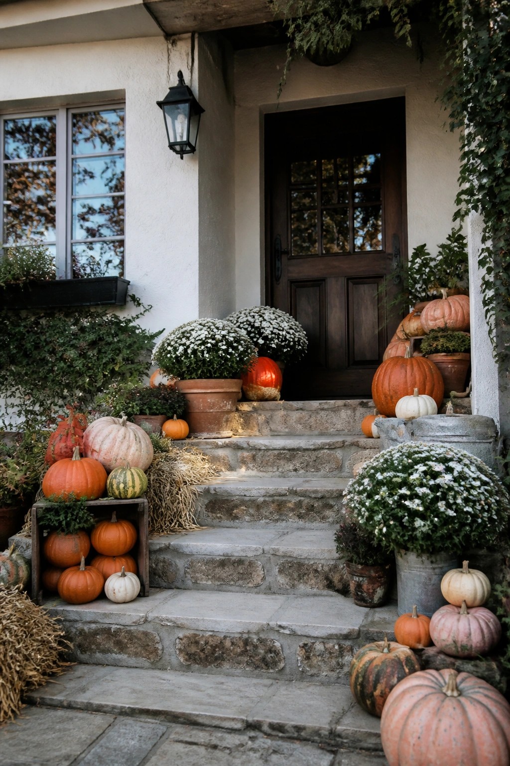 Stone steps leading to a front door lined with orange, white, and striped pumpkins placed in wooden crates and metal containers.