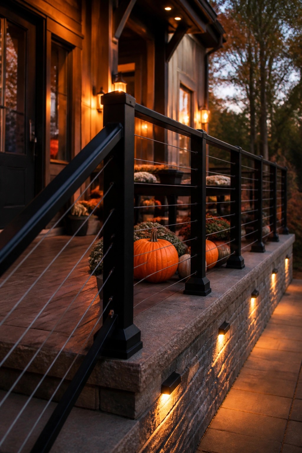 Front porch with multiple orange pumpkins of varying sizes arranged along a stone ledge next to a black metal railing.