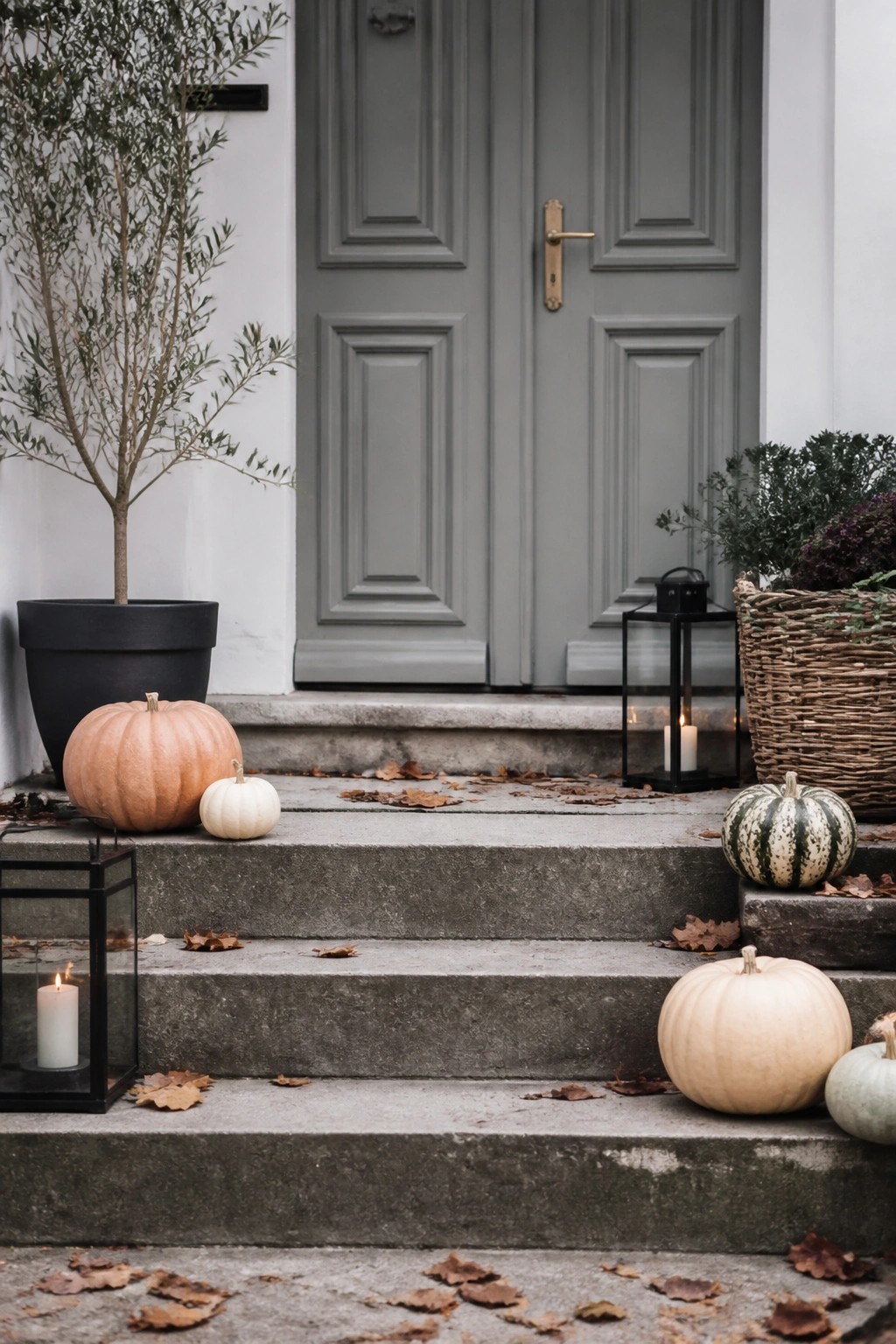Concrete steps leading to a gray front door lined with orange, white, and green pumpkins along with black lanterns.