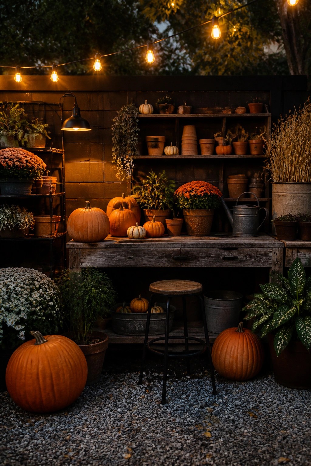 Outdoor wooden table and shelves arranged with orange pumpkins of various sizes, potted orange and white mums, and string lights overhead.