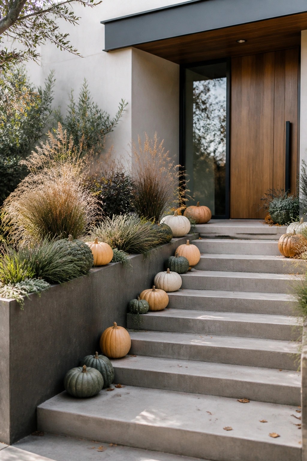 Concrete entry steps decorated with assorted pumpkins in orange, white, and green placed along the stairs and a low side wall.