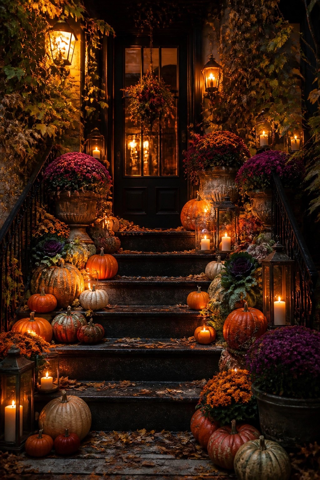 Stone staircase to a black front door decorated with many pumpkins of different sizes, potted mums, and lit lanterns.