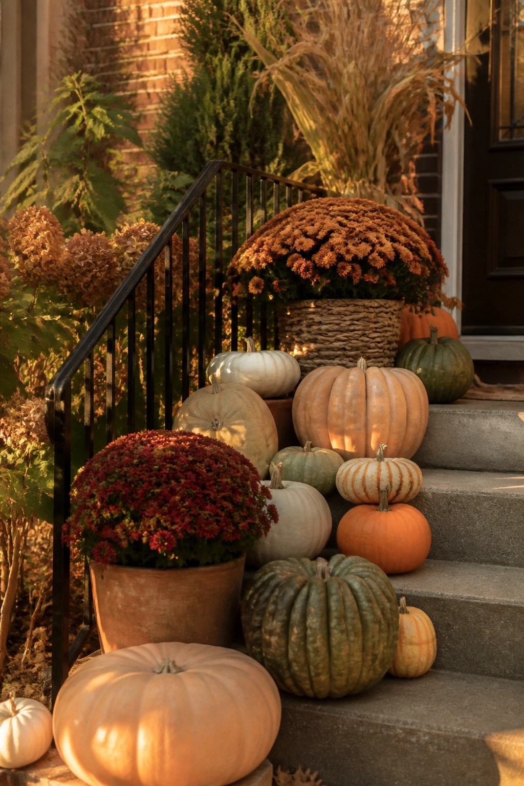 Concrete front steps lined with pumpkins in white, orange, and green tones along with two pots of chrysanthemums.