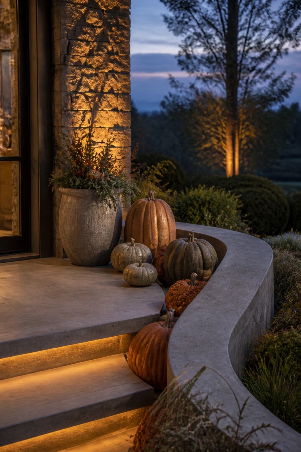 Outdoor stone steps lined with assorted pumpkins in orange, gray, and green tones beside a large planter.
