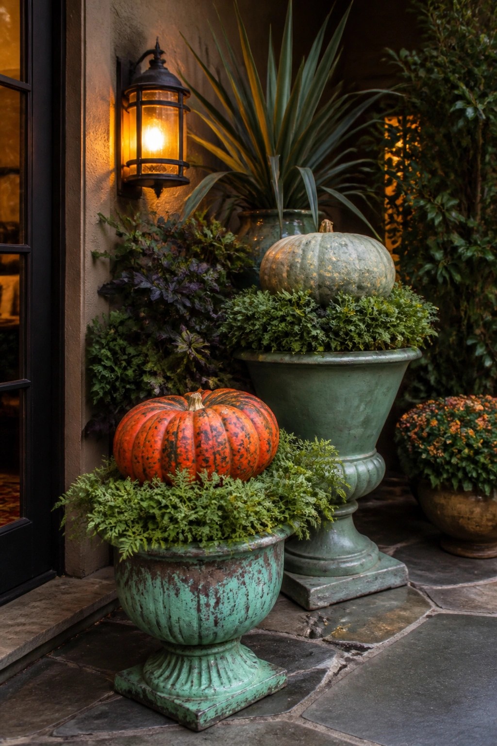 Two pumpkins sit inside distressed green urns filled with greenery beside a front door on a stone entryway.