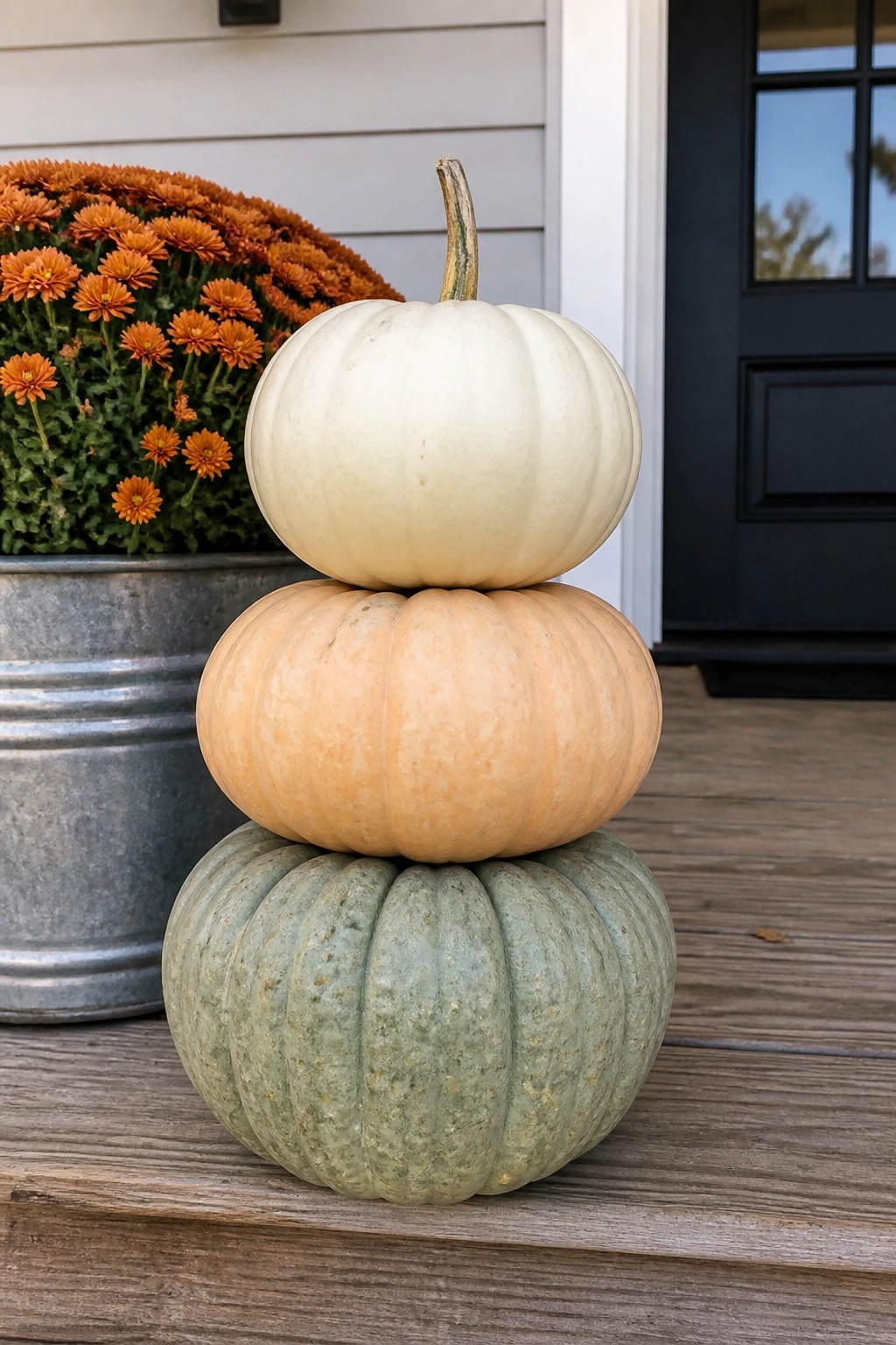 Stacked white, orange, and green pumpkins on wooden steps beside orange flowers
