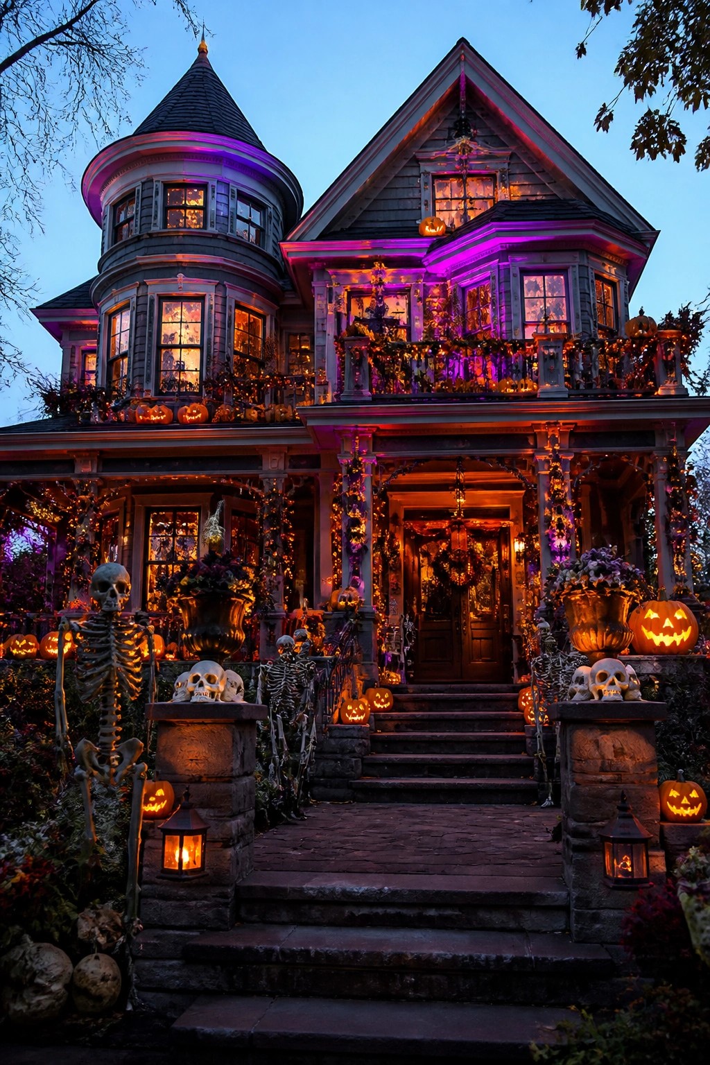 Large Victorian house with multiple skeletons posed on the front porch steps and railings, surrounded by glowing jack-o'-lanterns and string lights.