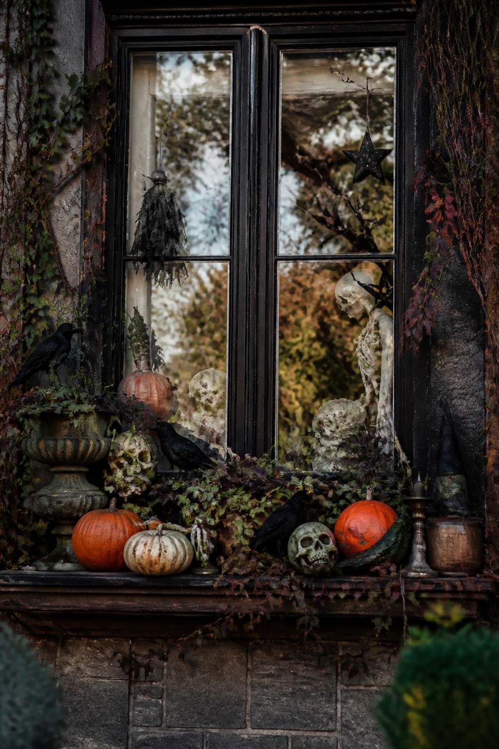 Black window with a skeleton figure visible inside and skulls, crows, and pumpkins arranged along the exterior sill.
