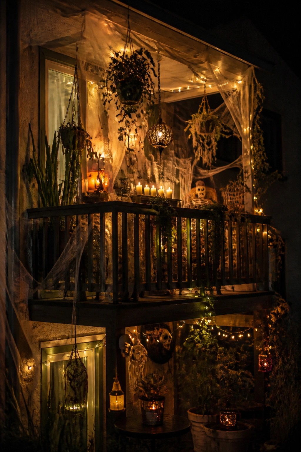 Two-level outdoor balcony covered in stretched white spiderwebs, a skeleton figure, hanging lanterns, and string lights at night.
