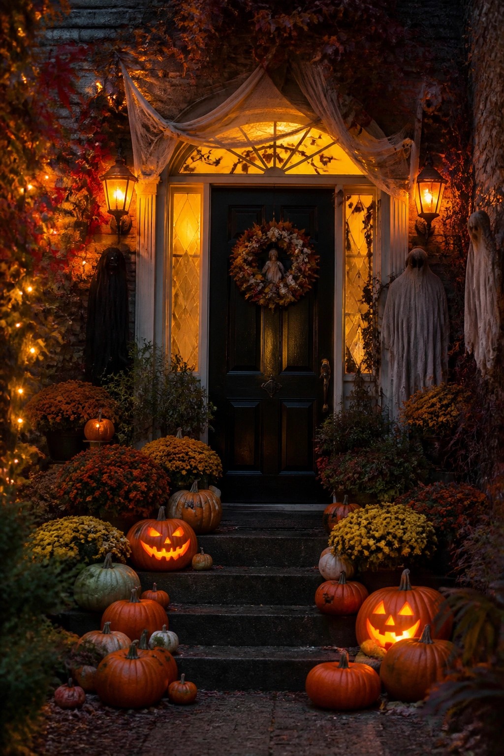 Front entrance with multiple carved glowing jack o lanterns arranged on the steps, two ghost figures beside the door, and fabric draped over the doorway.