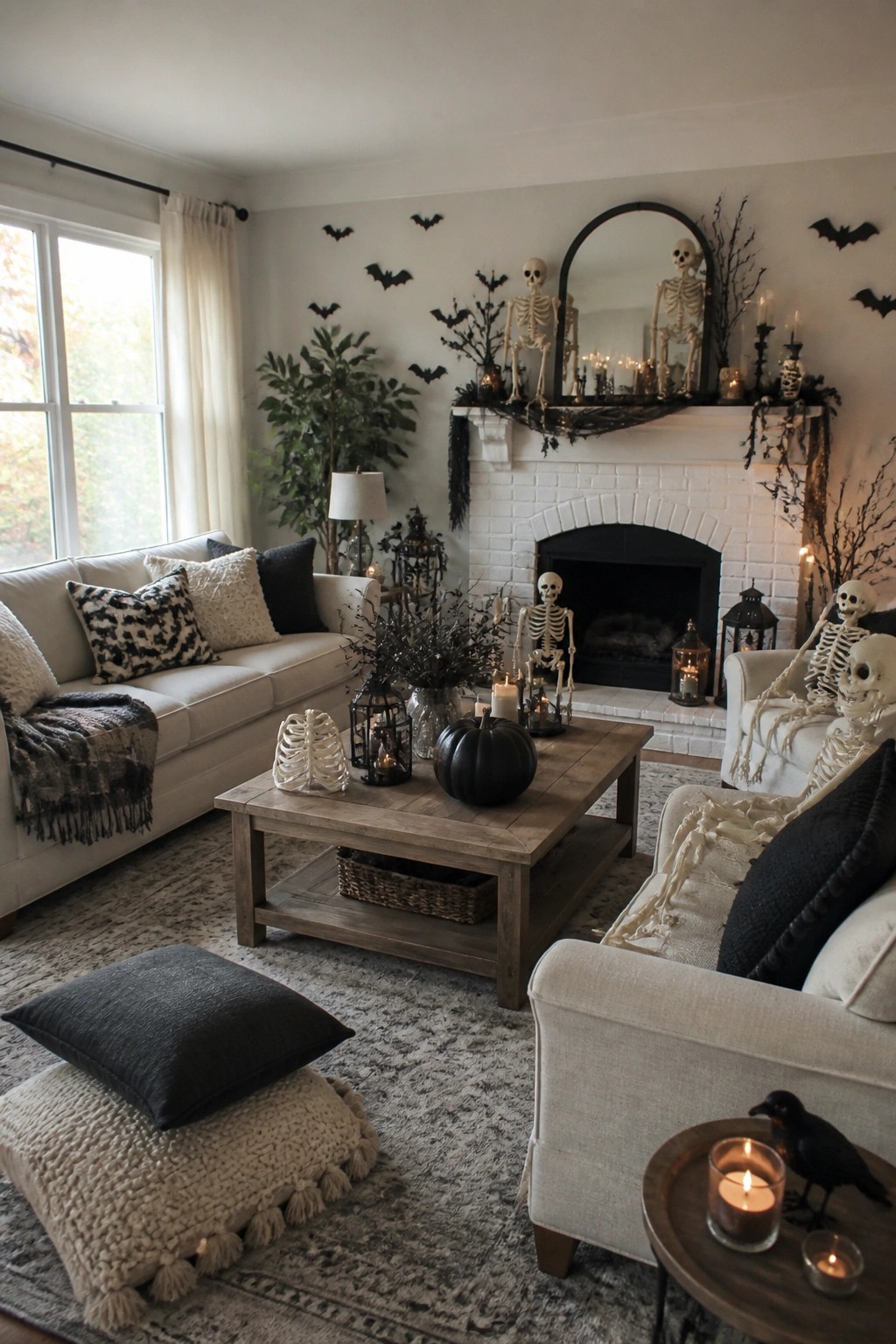 Living room with white skeletons arranged on the mantel, in an armchair, and near the fireplace, black bats on the wall, and neutral seating.