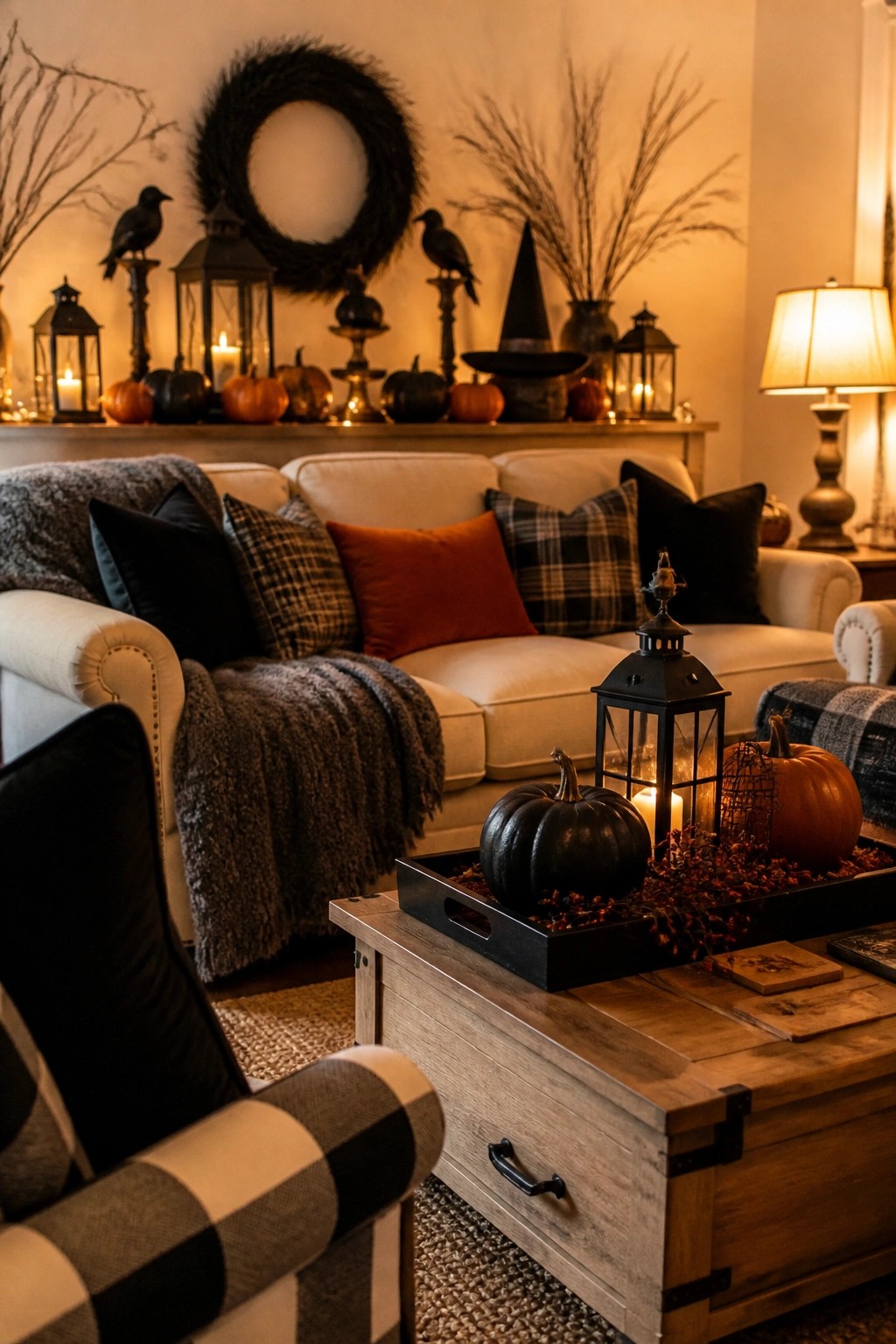Living room mantel styled with black crows, a witch hat, lanterns, and pumpkins as the main Halloween display.
